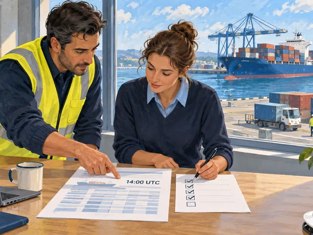 Illustration générée : dans un bureau portuaire, deux collègues transforment un planning de livraison marqué « 14:00 UTC » en checklist, devant un porte-conteneurs.