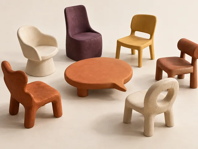 Illustration générée à l’aspect sculptural : six chaises de formes et de couleurs différentes entourent une table terre cuite en forme de bulle de conversation, sur un fond crème.