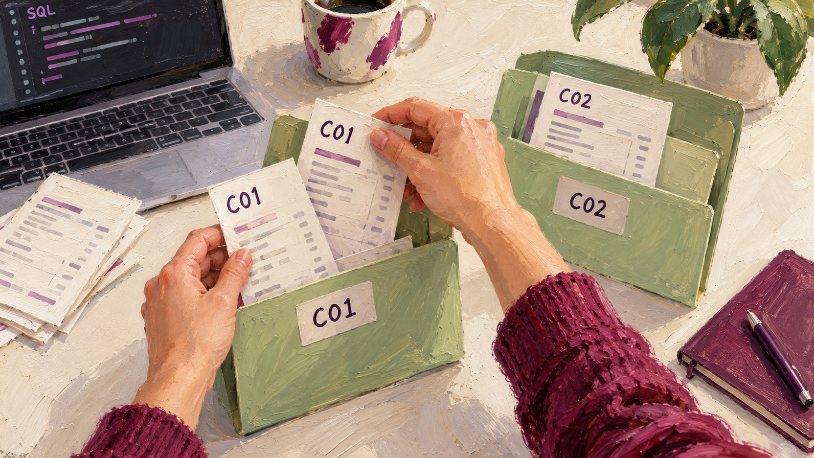 Illustration peinte : deux mains regroupent plusieurs bons C01 dans le même dossier client, à côté d’un dossier C02 et d’un écran SQL.