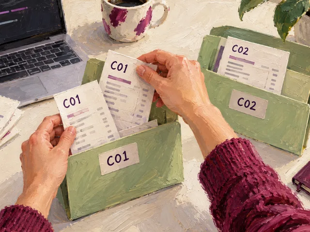 Illustration peinte : deux mains regroupent plusieurs bons C01 dans le même dossier client, à côté d’un dossier C02 et d’un écran SQL.
