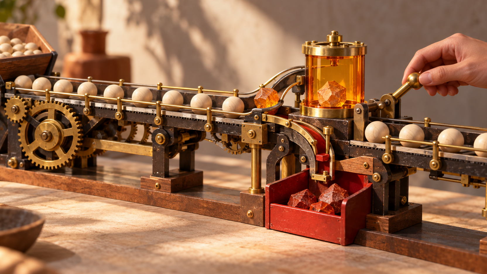 Photographie éditoriale d’une sculpture cinétique où des billes régulières suivent un rail mécanique, tandis qu’une forme irrégulière passe par une chambre translucide avant validation manuelle, avec un bac rouge de reprise.