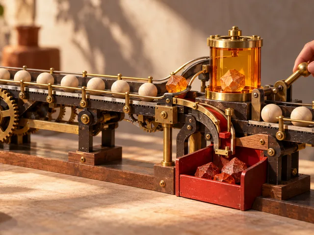 Photographie éditoriale d’une sculpture cinétique où des billes régulières suivent un rail mécanique, tandis qu’une forme irrégulière passe par une chambre translucide avant validation manuelle, avec un bac rouge de reprise.