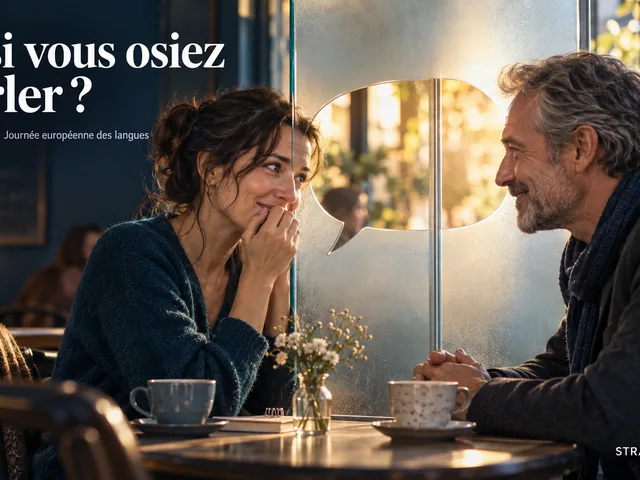 Illustration : dans un café, deux adultes se sourient de part et d’autre d’une paroi dont une ouverture en forme de bulle permet le dialogue. Texte : « Et si vous osiez parler ? », « 26 septembre · Journée européenne des langues ». Signature STRAFORMATION.