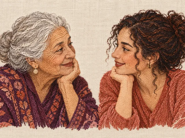 Illustration générée à l’aspect brodé : une femme âgée aux cheveux argentés et une jeune femme adulte se sourient face à face, sur un fond de lin ivoire, dans des tons corail et prune.
