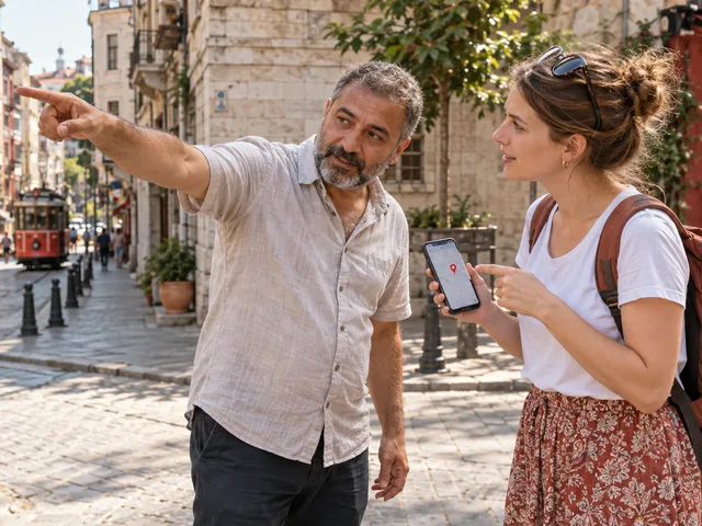 Scène générée par IA : dans une rue d’Istanbul, une voyageuse montre une destination sur son téléphone à un passant qui lui indique la direction de la main.