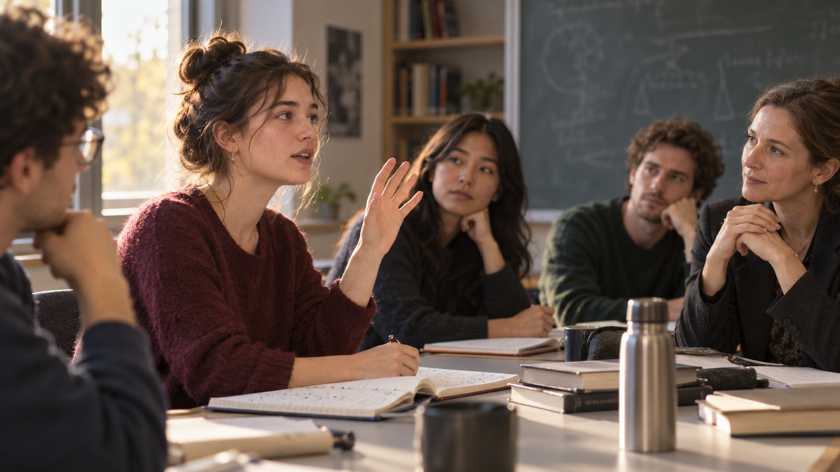 Illustration générée : une étudiante lève la main et prend la parole autour d’une table de séminaire, sous le regard attentif de l’enseignante et des autres étudiants.