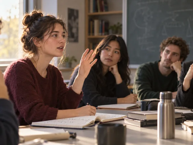 Illustration générée : une étudiante lève la main et prend la parole autour d’une table de séminaire, sous le regard attentif de l’enseignante et des autres étudiants.