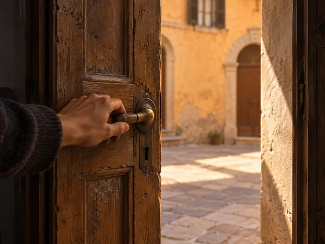 Illustration générée à l’aspect photographique : une main tient la poignée d’une porte ancienne entrouverte sur une cour aux murs ocre baignée de soleil.