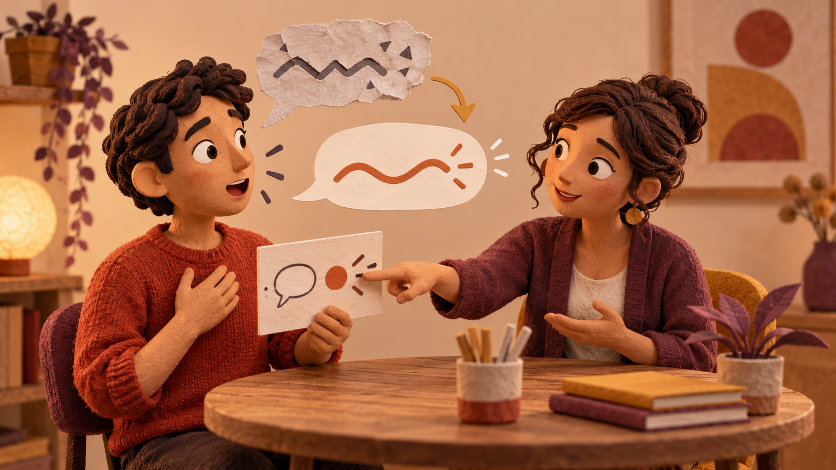 Illustration générée en papier découpé et feutre : un apprenant refait une courte tâche orale après qu’une formatrice lui a indiqué une correction précise.