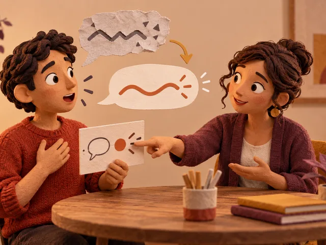 Illustration générée en papier découpé et feutre : un apprenant refait une courte tâche orale après qu’une formatrice lui a indiqué une correction précise.