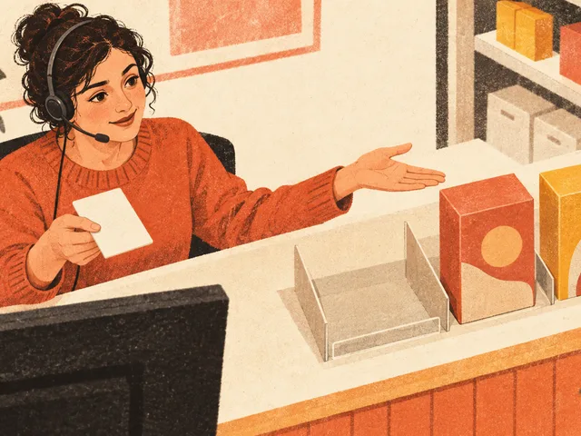Illustration générée en risographie d’un conseiller au téléphone devant un emplacement produit vide, gardant une date non confirmée face cachée et présentant deux alternatives.