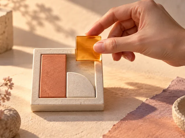 Nature morte générée : une main place une pièce d’ambre dans un carré composé de trois formes, métaphore de lettres qui s’assemblent en bloc syllabique.