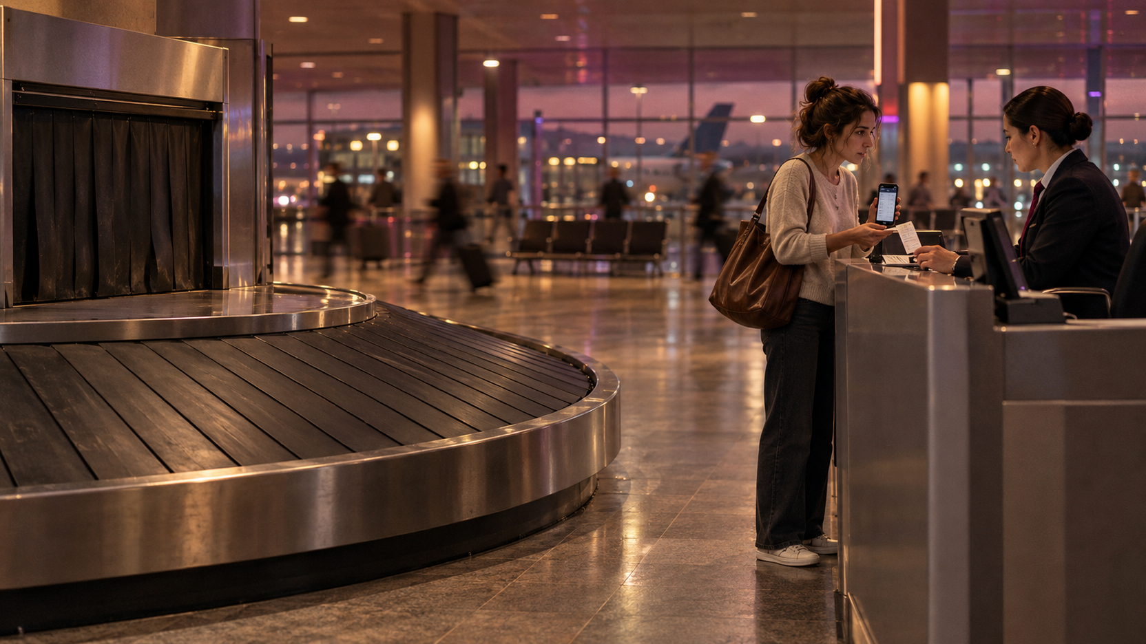 Illustration générée : dans un aéroport, un voyageur inquiet montre son justificatif de bagage au comptoir tandis que le tapis derrière lui est vide et arrêté.