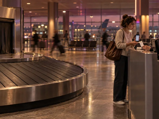 Illustration générée : dans un aéroport, un voyageur inquiet montre son justificatif de bagage au comptoir tandis que le tapis derrière lui est vide et arrêté.