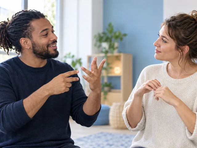 Illustration générée : deux adultes se regardent et échangent en langue des signes pendant un cours, leurs mains et expressions du visage clairement visibles.