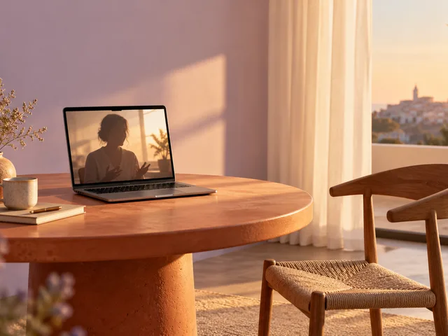 Une table ronde en terre cuite relie un ordinateur ouvert sur une interlocutrice et une chaise vide, dans une lumière chaude.