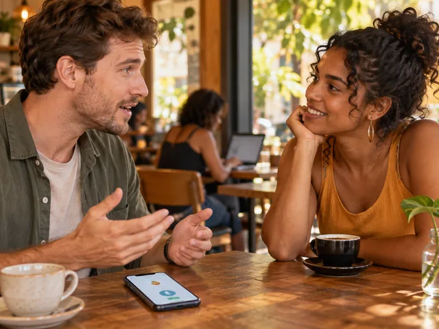 Dans un café lumineux, un apprenant parle avec une interlocutrice tandis que son téléphone affichant une application de langue est posé sur la table.