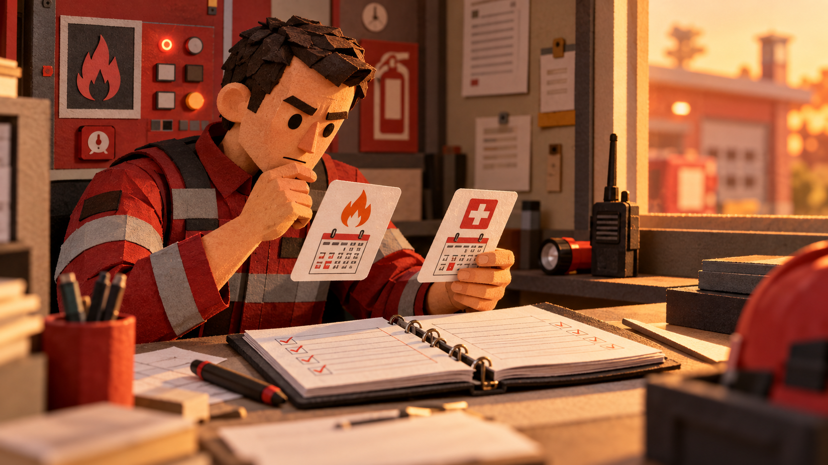 Illustration en papier découpé d’un agent de sécurité incendie comparant deux cartes datées, l’une pour le SSIAP et l’autre pour le secourisme, devant un registre d’activité.