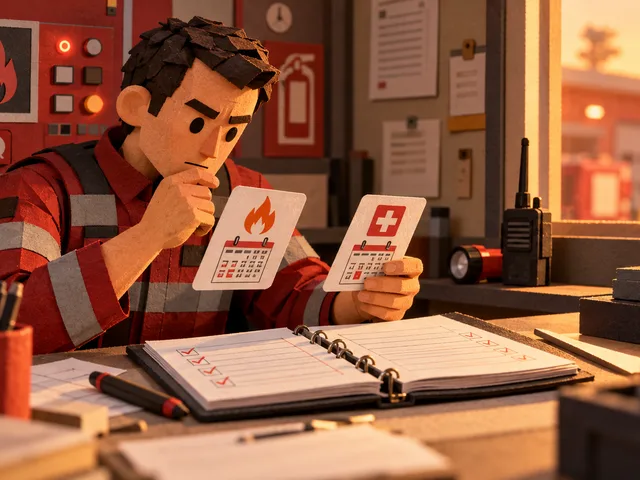 Illustration en papier découpé d’un agent de sécurité incendie comparant deux cartes datées, l’une pour le SSIAP et l’autre pour le secourisme, devant un registre d’activité.