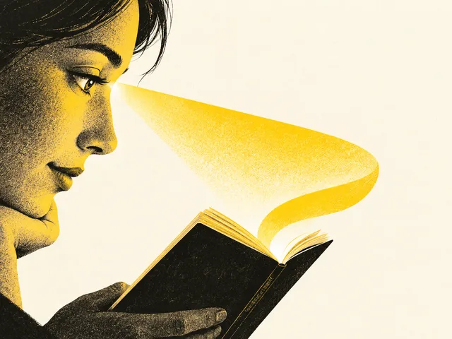 Illustration générée à l’aspect sérigraphié noir et jaune : une lectrice de profil observe un livre ouvert, dont un ruban lumineux rejoint son regard.