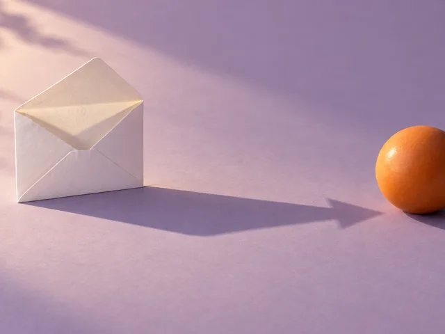 Composition photographique générée : une enveloppe blanche ouverte projette une ombre vers une sphère orange sur un fond lavande.