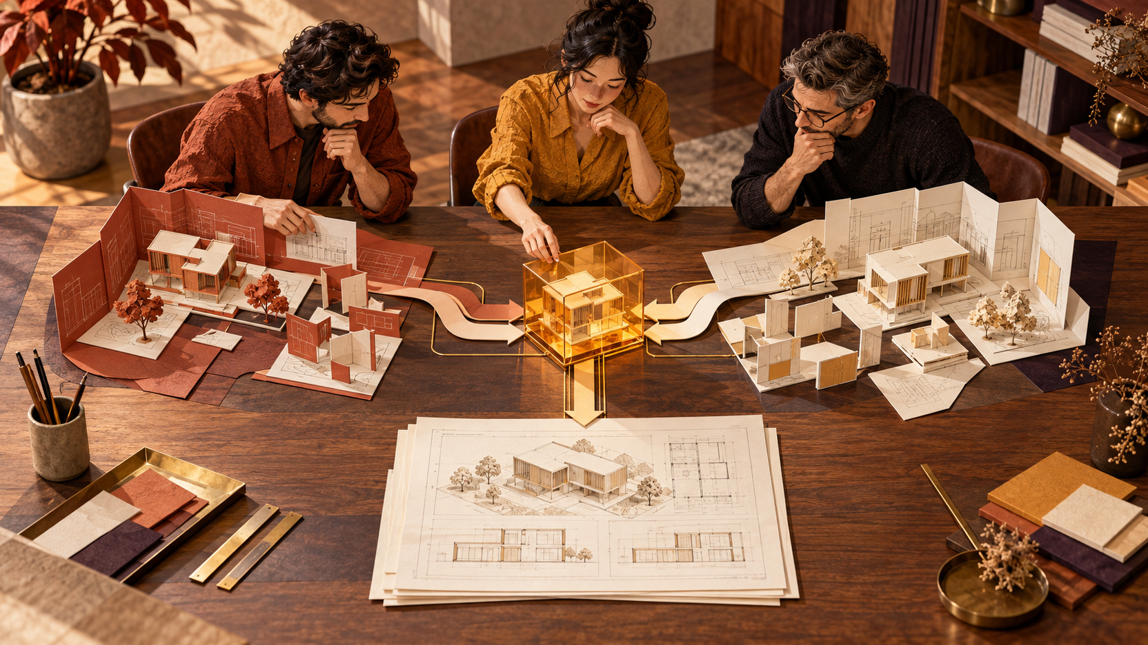 Illustration générée d’une équipe d’architecture comparant deux chemins de maquette qui convergent vers un cube d’échange commun puis un jeu de plans.