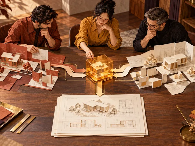 Illustration générée d’une équipe d’architecture comparant deux chemins de maquette qui convergent vers un cube d’échange commun puis un jeu de plans.