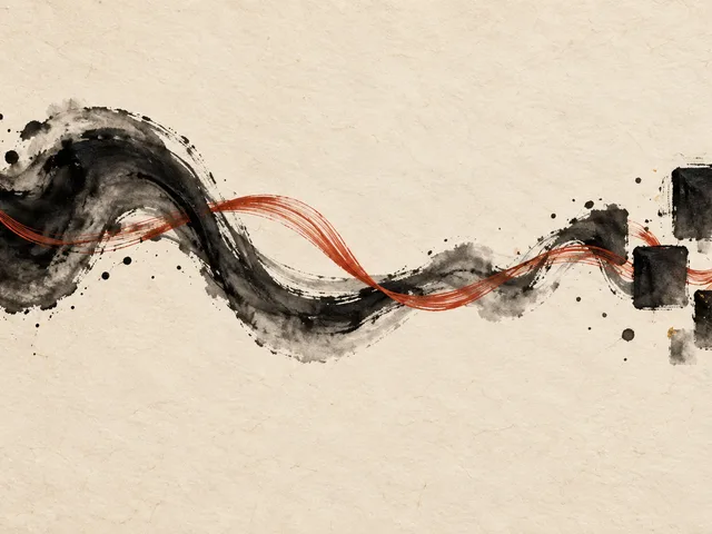 Image générée d’un mouvement d’encre noire traversé par une onde vermillon qui se transforme en petites formes carrées sur un fond de papier ivoire.