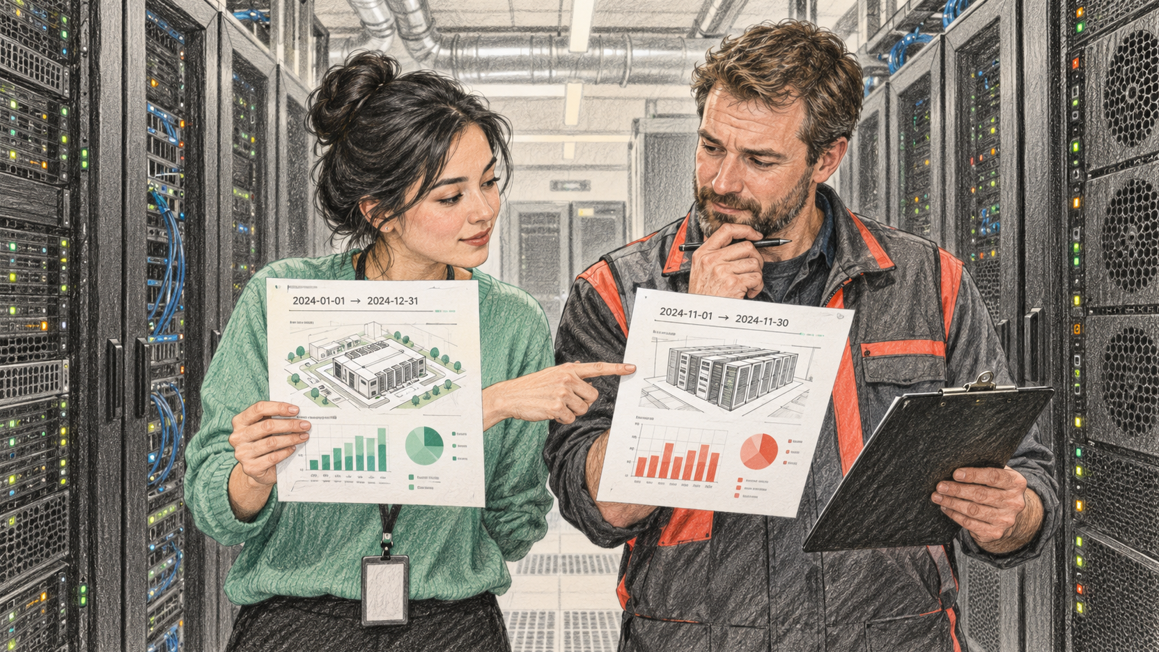 Illustration au crayon de couleur : dans une allée de serveurs, une analyste et un technicien comparent deux relevés énergétiques couvrant des périodes et périmètres différents avant de valider leur tableau.
