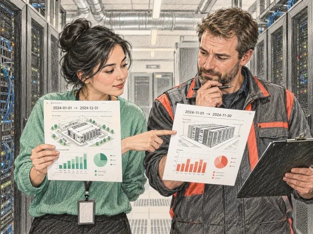 Illustration au crayon de couleur : dans une allée de serveurs, une analyste et un technicien comparent deux relevés énergétiques couvrant des périodes et périmètres différents avant de valider leur tableau.