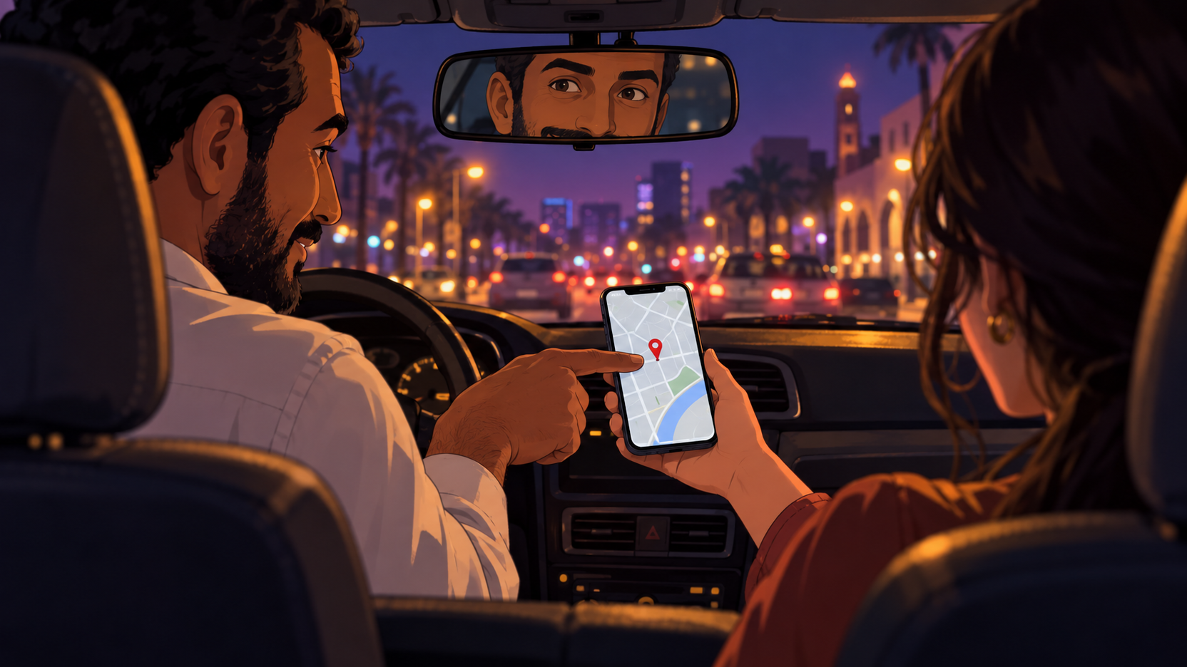 Illustration éditoriale fictive vue depuis l’arrière d’un taxi : une passagère montre une destination sur son téléphone au chauffeur, qui vérifie le point avant de partir.