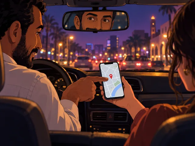 Illustration éditoriale fictive vue depuis l’arrière d’un taxi : une passagère montre une destination sur son téléphone au chauffeur, qui vérifie le point avant de partir.