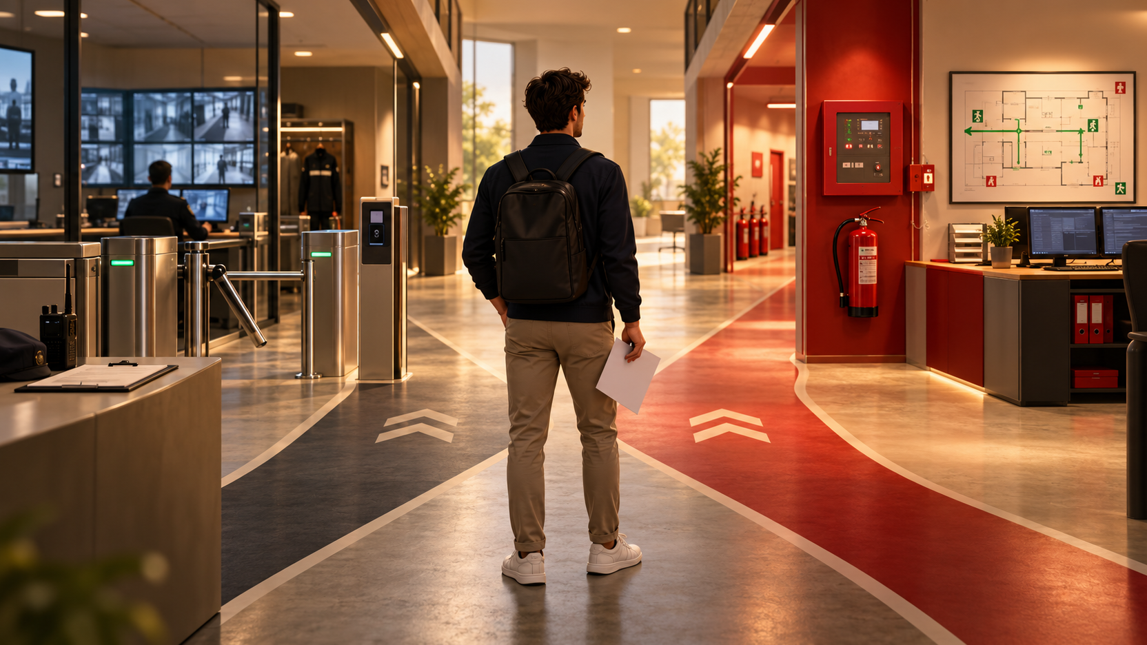 Illustration générée d’un candidat face à deux voies distinctes : contrôle d’accès et surveillance à gauche, poste de sécurité incendie à droite.