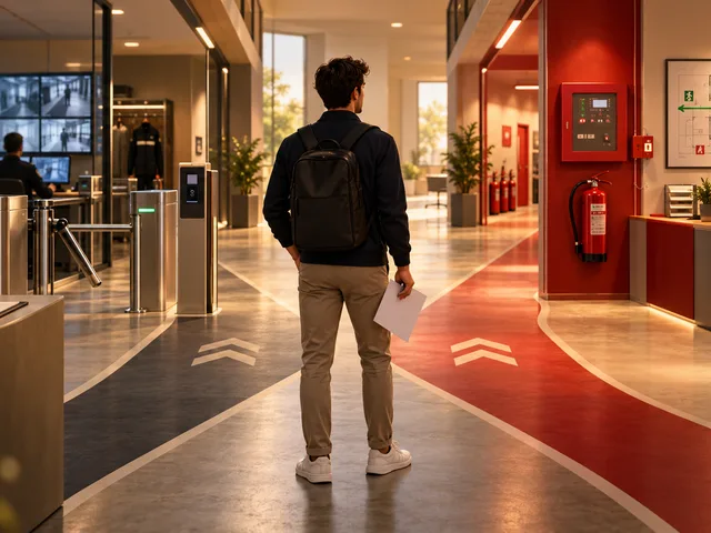 Illustration générée d’un candidat face à deux voies distinctes : contrôle d’accès et surveillance à gauche, poste de sécurité incendie à droite.