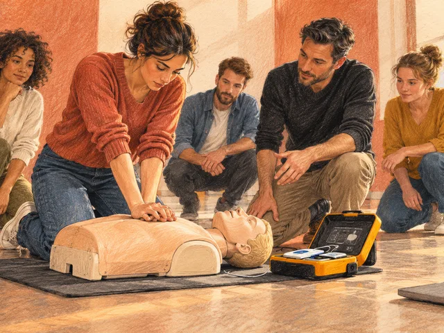Illustration éditoriale d’un petit groupe en formation SST autour d’un mannequin de réanimation et d’un défibrillateur d’entraînement, dans une salle en présentiel.