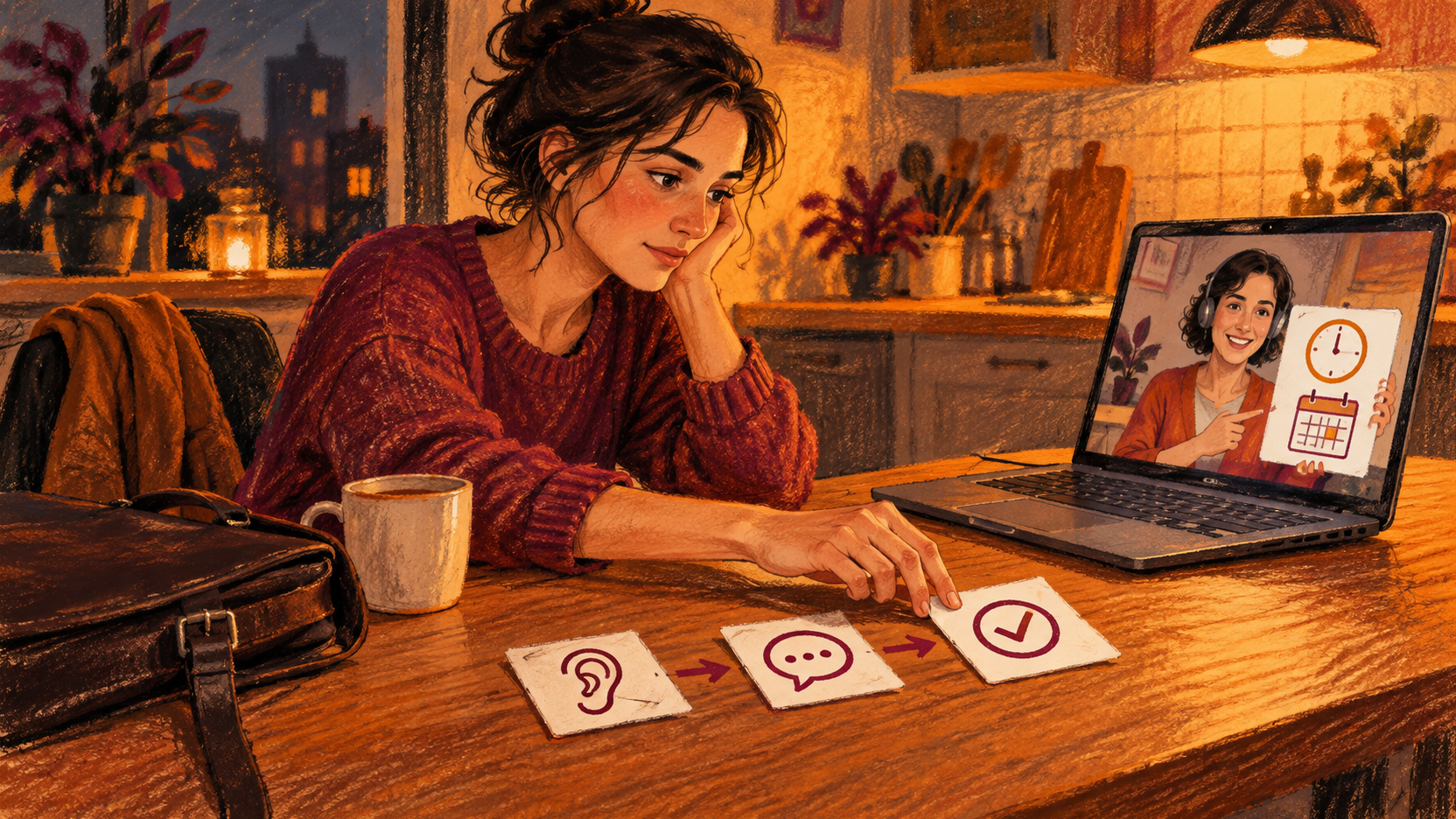 Illustration d’une adulte après le travail suivant un cours d’allemand en ligne, avec trois cartes symbolisant comprendre, répondre et confirmer avant une décision de poursuite.