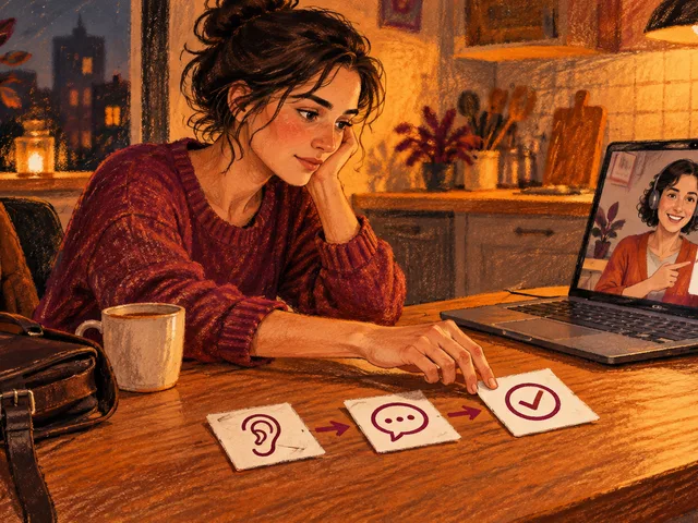 Illustration d’une adulte après le travail suivant un cours d’allemand en ligne, avec trois cartes symbolisant comprendre, répondre et confirmer avant une décision de poursuite.