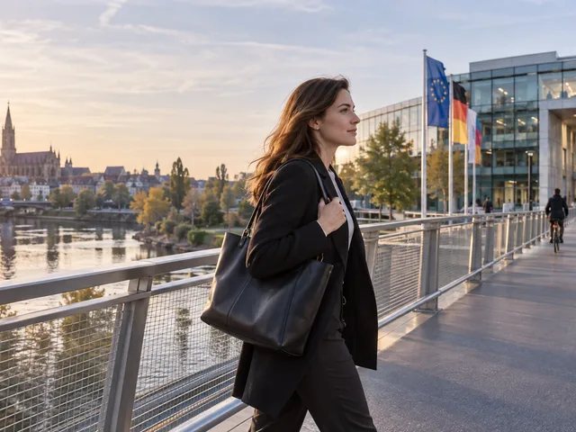 Femme en tenue professionnelle traversant un pont entre l’Alsace et l’Allemagne, avec des drapeaux européens et allemands.
