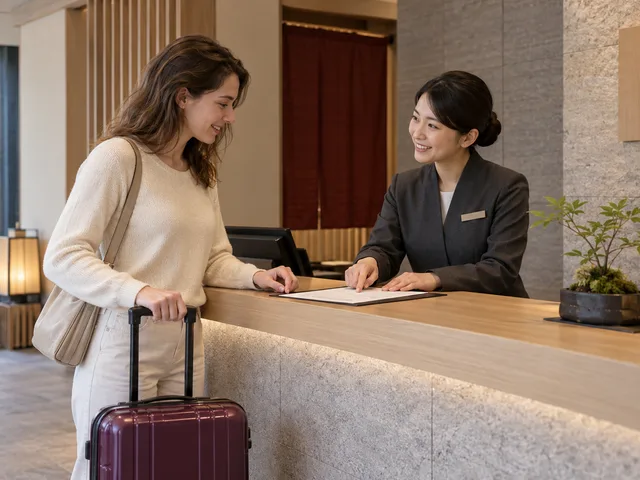 Illustration générée par IA : une voyageuse avec une valise échange avec une réceptionniste qui lui montre un document, au comptoir d’un hôtel portant l’enseigne japonaise « ホテル ».