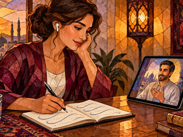 Illustration générée en vitrail contemporain d’une débutante en persan qui écoute une phrase au casque tout en suivant de droite à gauche des formes reliées dans son carnet.