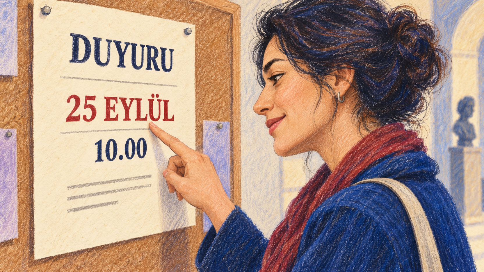Illustration au crayon et au pastel d’une femme qui repère du doigt la date du 25 septembre et l’heure de 10 h sur une annonce en turc.