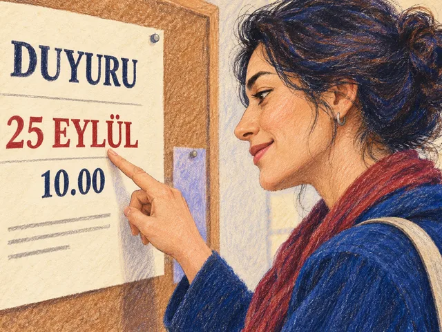 Illustration au crayon et au pastel d’une femme qui repère du doigt la date du 25 septembre et l’heure de 10 h sur une annonce en turc.