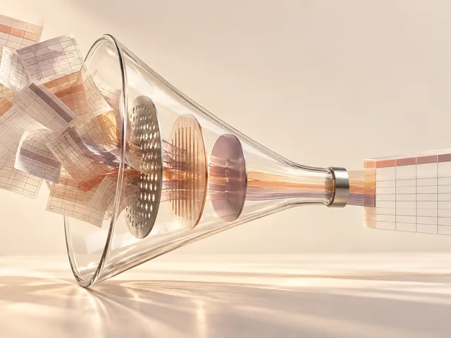 Illustration 3D conceptuelle : des feuilles de calcul dispersées traversent un entonnoir de verre à trois filtres et ressortent en une grille parfaitement alignée.