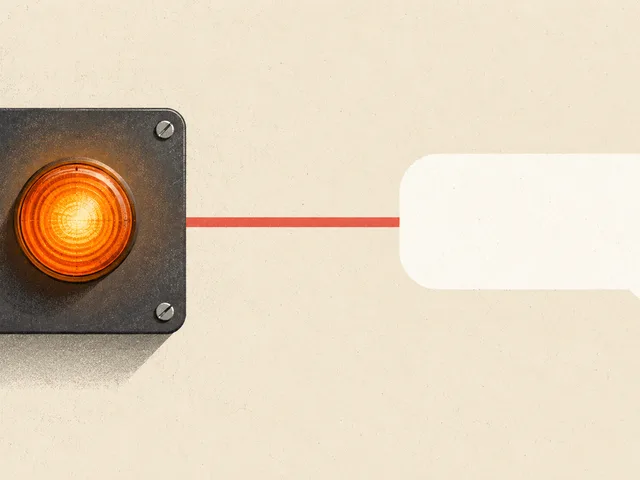 Affiche sérigraphiée montrant un voyant industriel orange relié par une ligne corail à une bulle de message blanche vide.