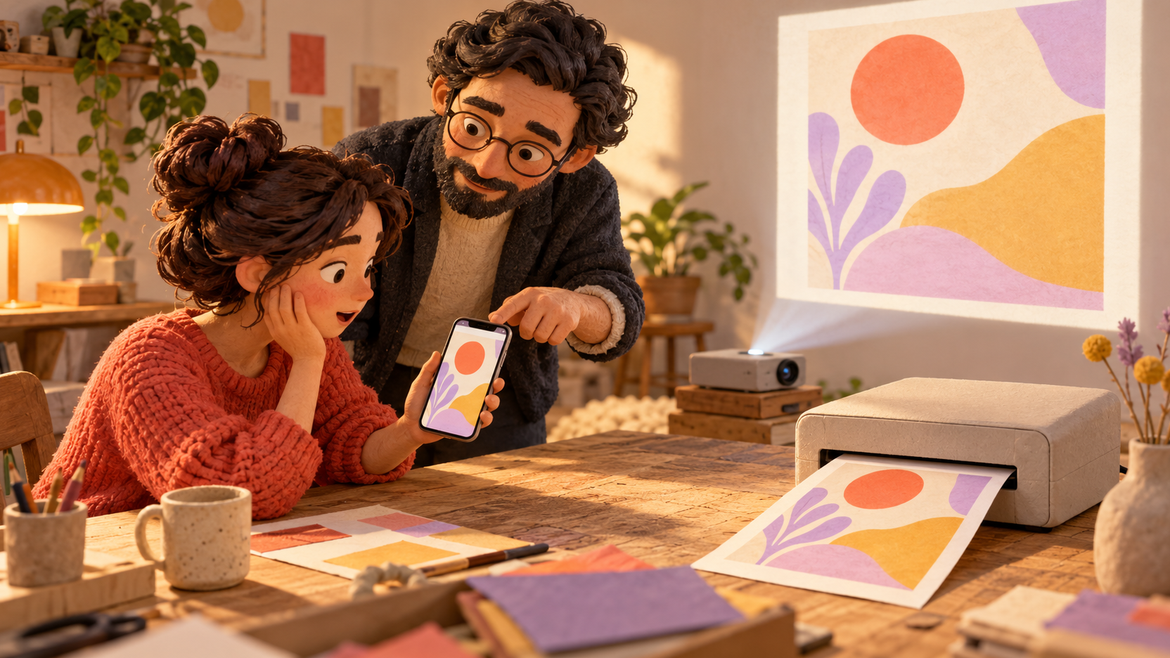 Illustration générée de deux personnes comparant le même visuel sur un téléphone, une projection et une épreuve imprimée avant une formation Canva.