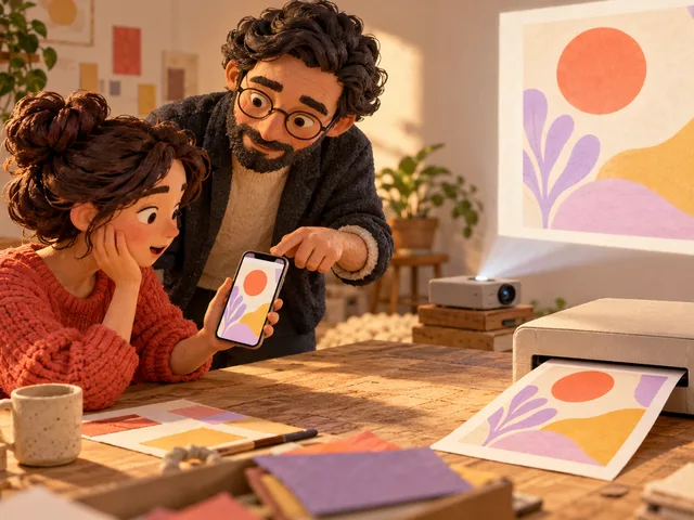 Illustration générée de deux personnes comparant le même visuel sur un téléphone, une projection et une épreuve imprimée avant une formation Canva.