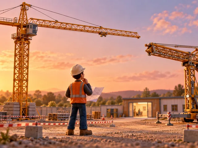 Illustration en maquette stop-motion d’un futur apprenant comparant une grande grue à montage par éléments et une grue compacte à montage automatisé.