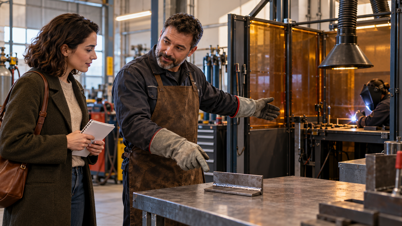 Illustration éditoriale d’une future apprenante et d’un formateur vérifiant un poste de soudage et une éprouvette dans un atelier avant le devis.