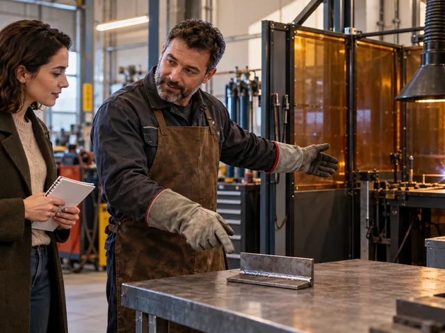 Illustration éditoriale d’une future apprenante et d’un formateur vérifiant un poste de soudage et une éprouvette dans un atelier avant le devis.