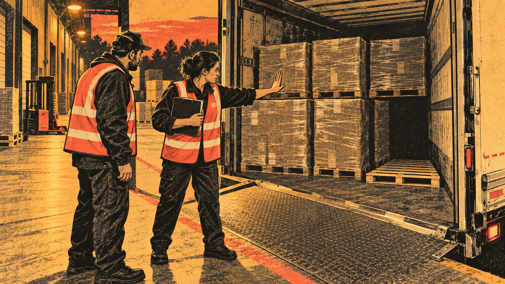 Illustration en gravure sérigraphiée : au quai, une responsable logistique arrête la fermeture d’un camion et montre à un chauffeur un emplacement de palette vide tout en tenant la liste de chargement.